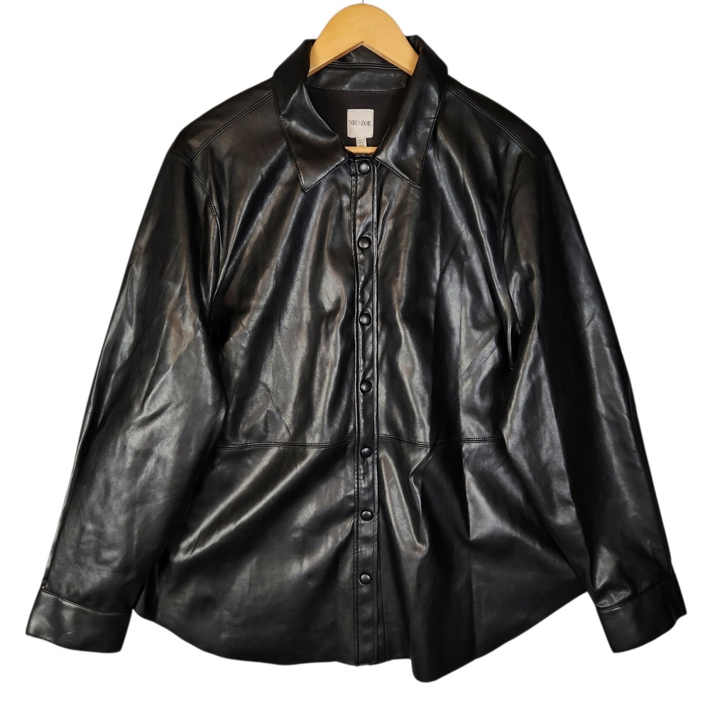 NIC+ZOE Plus Size Faux-Leather Snap-Front Shirt Jacket 2X Black